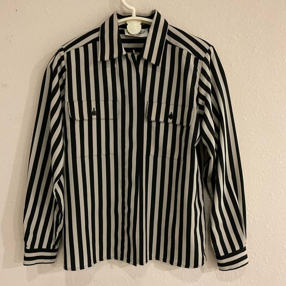 Yves St. Clair Tops - Vintage Yves St. Clair Button Up Blouse Black & Tan Striped Top Women’s Size 10
